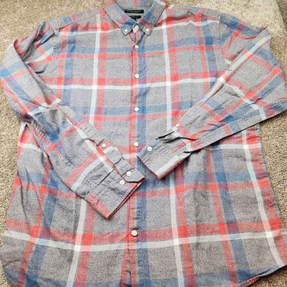 Banana Republic Camden Fit Luxe Flannel Shirt Mens XL Grey Red Blue Plaid Cotton